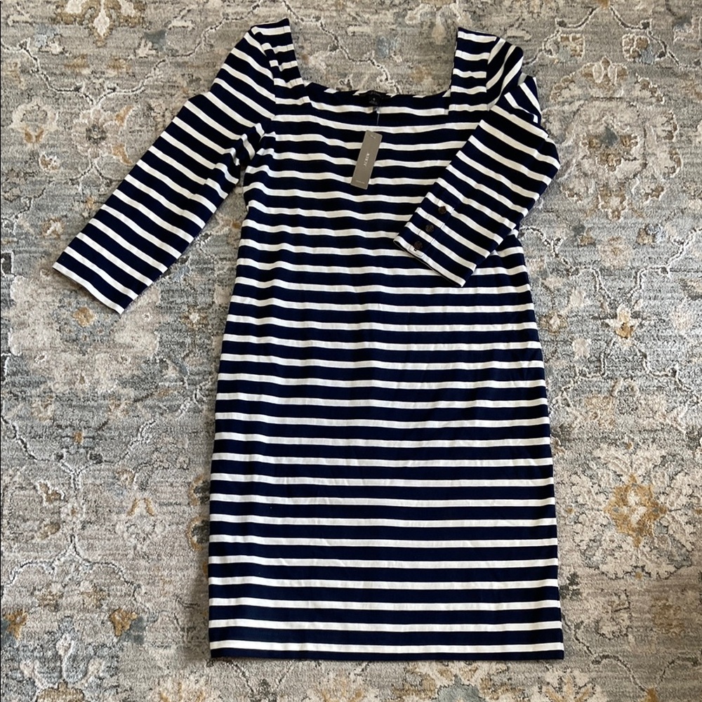 J. Crew Blue and White Sheath Dress Square Neck